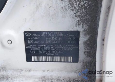 2011 Hyundai Elantra Gls z USA, uszkodzony, nr VIN 5NPDH4AE1BH060807